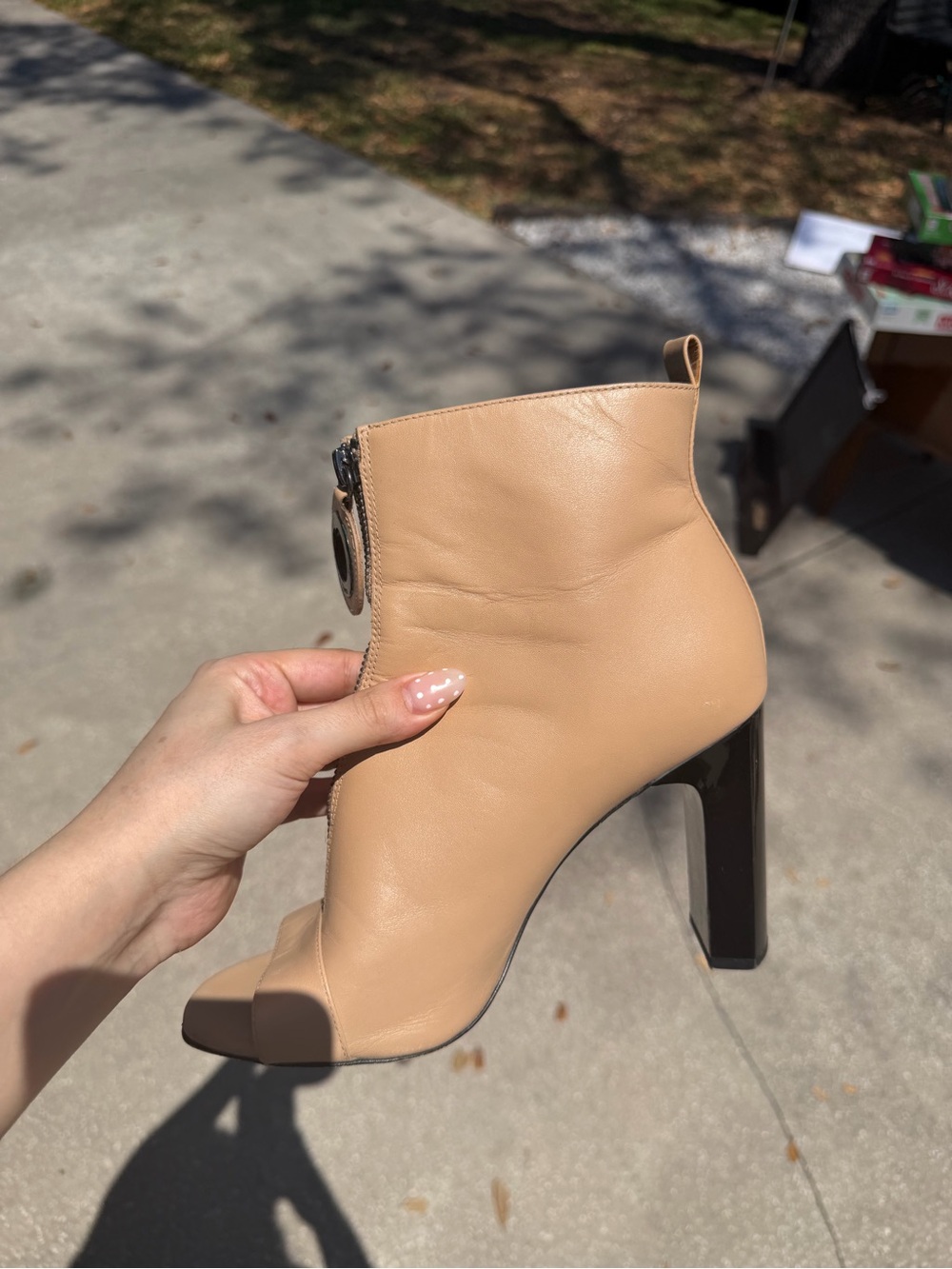 Calvin Klein Nude Beige Peep-Toe Ankle Booties with Black Block Heel
